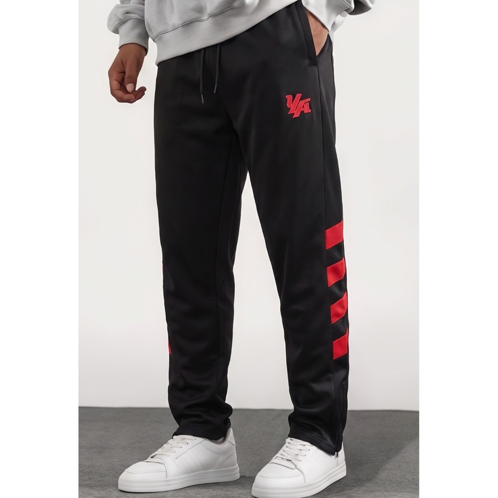 ⚽YoungLA Soccer Training Track Pants Mens L Black Red Tapered Joggers Zip Cuffs